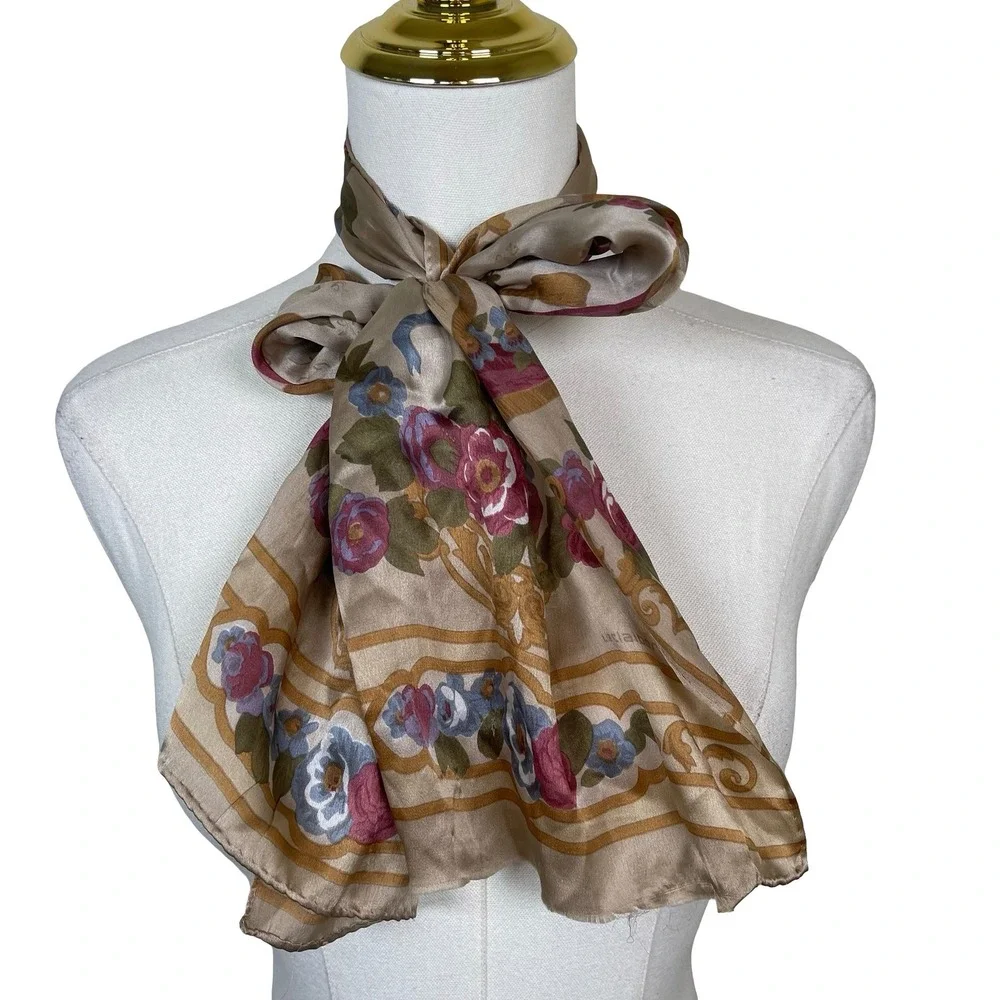 Vintage Liz Claiborne Floral Silk Scarf Women Tan Rose Ribbon Victorian Cottage